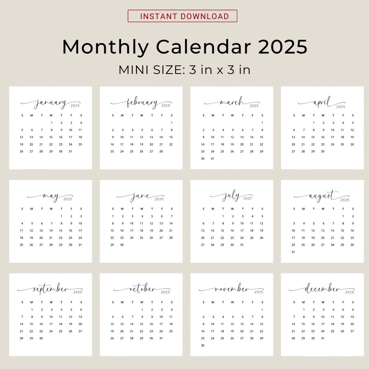 2025 3x3 Mini Calendar 2025 Calendar Card 2025 Pocket Calendar Elegant Printable Calendar Mini 3x3 Inch Calendar PDF Sunday Monday Start Etsy