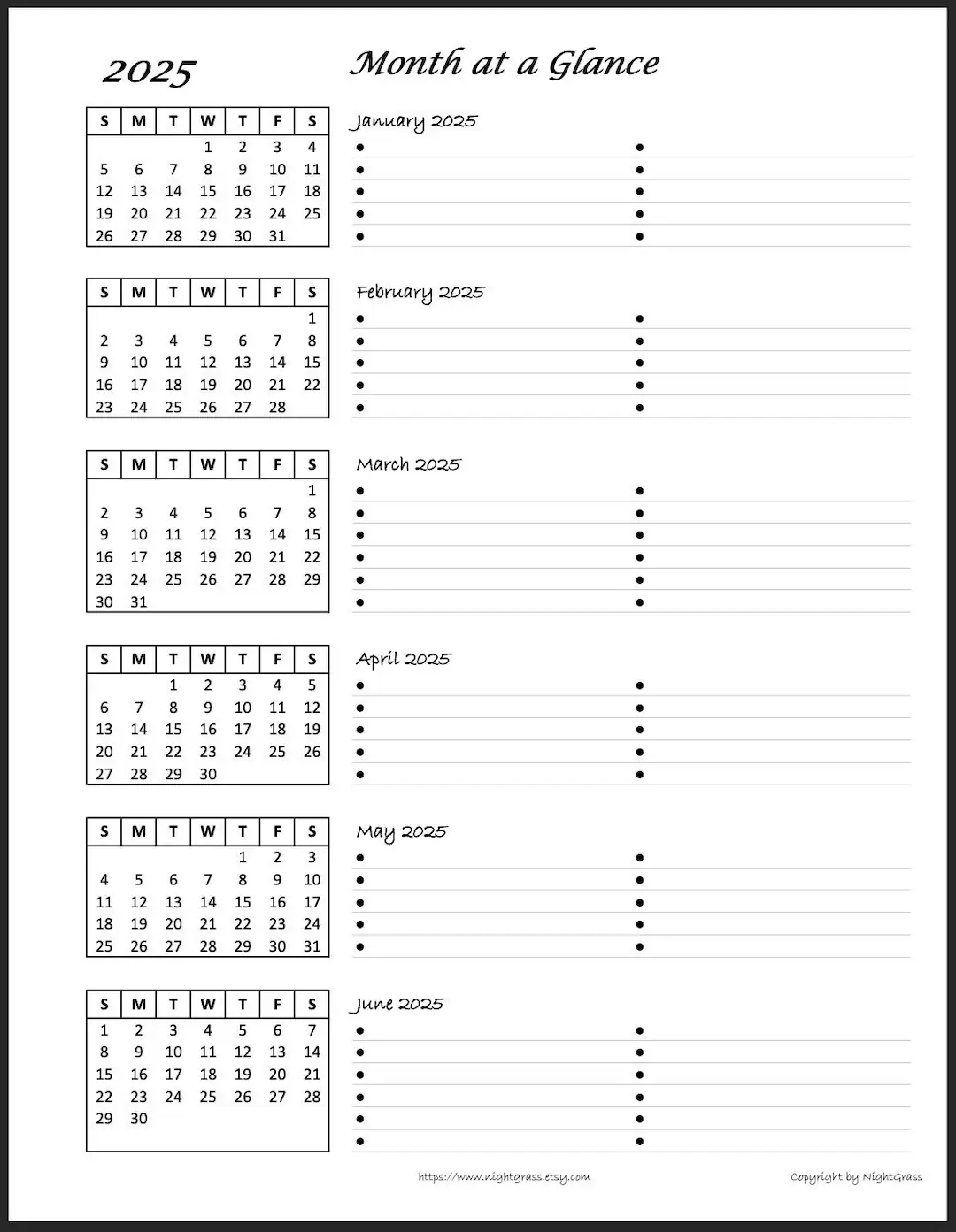 2025 6 month At A Glance Minimalist Calendar 8 5x11 Instant Digital Download PDF File Etsy