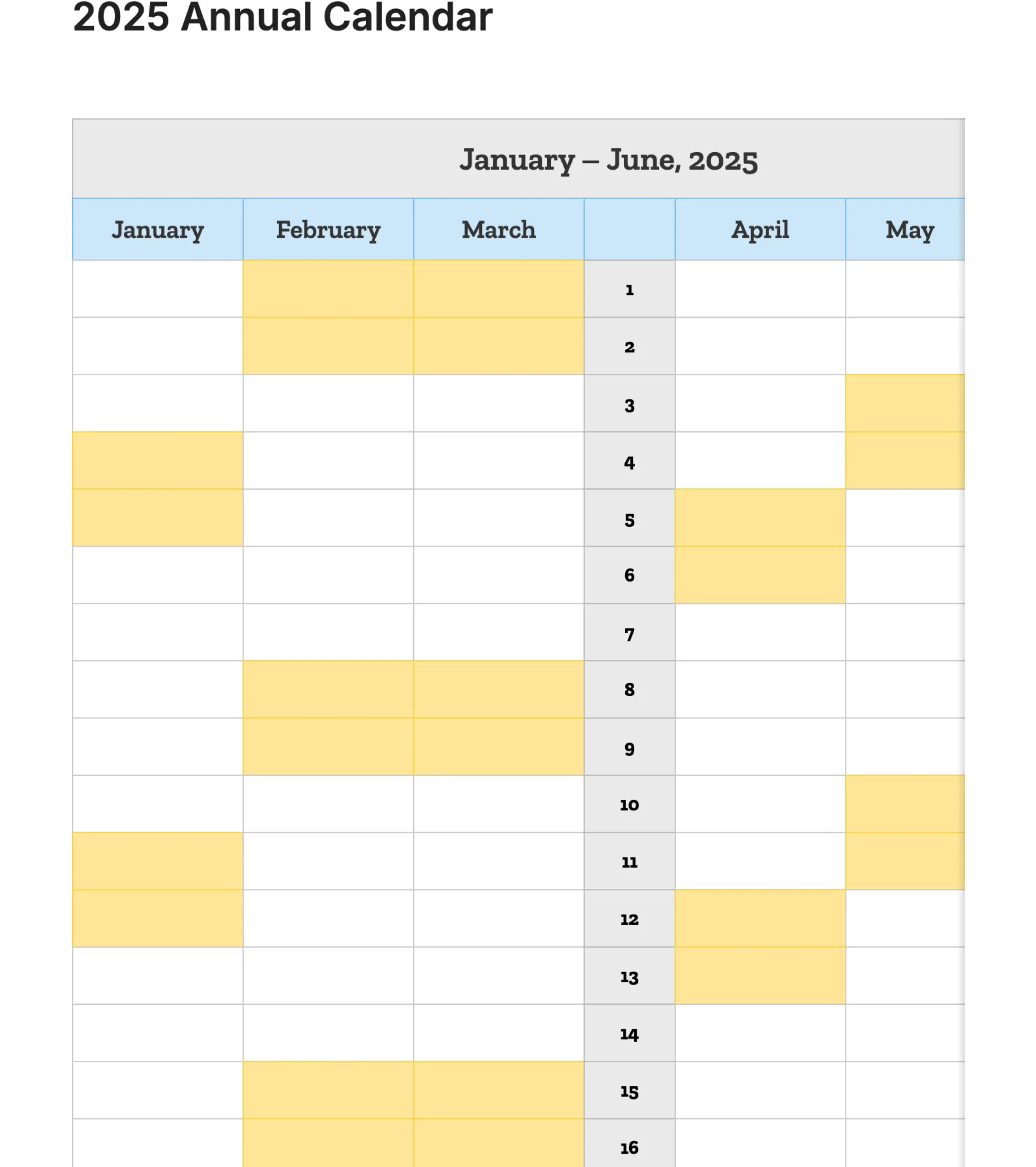 2025 Annual Calendar Template