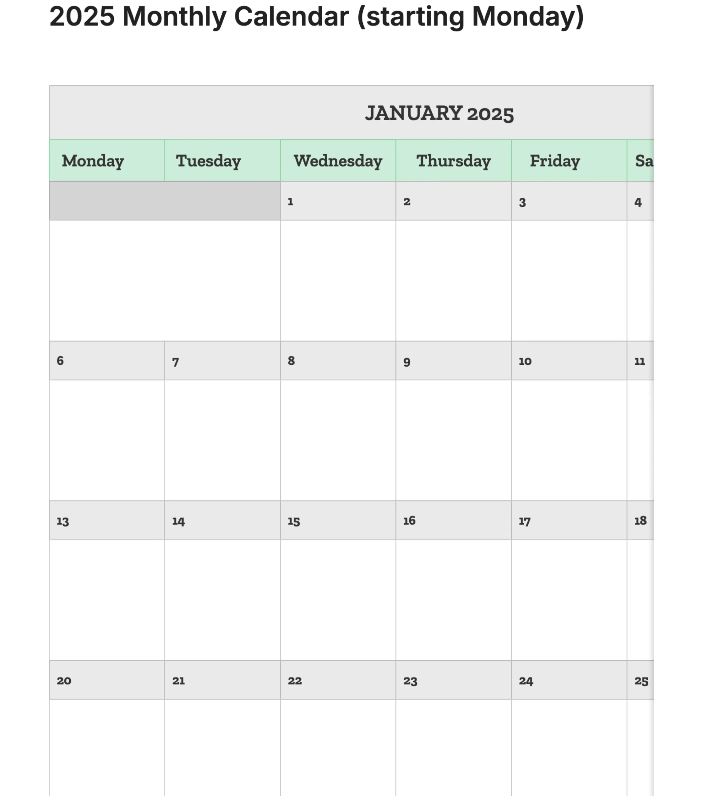 2025 Annual Calendar Template