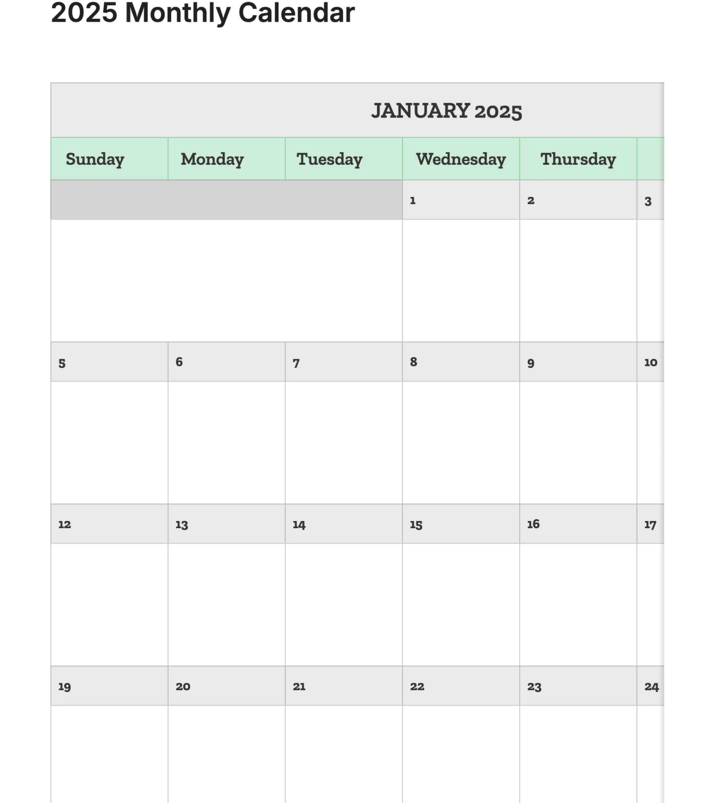 2025 Blank Monthly Calendar In Word