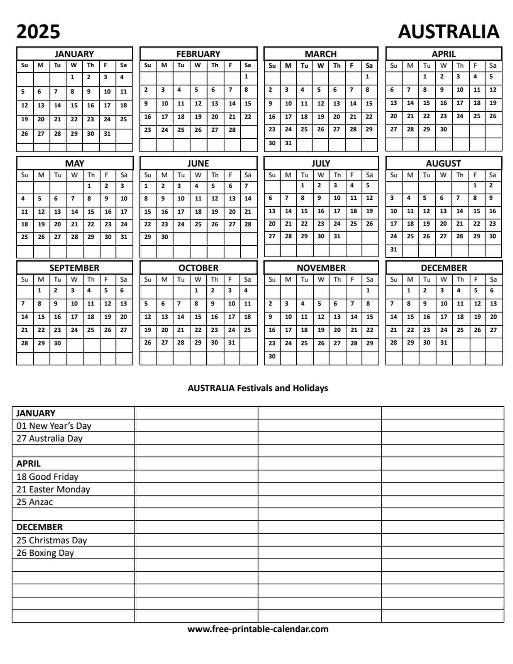 Blank Printable Calendar 2025 With Holidays