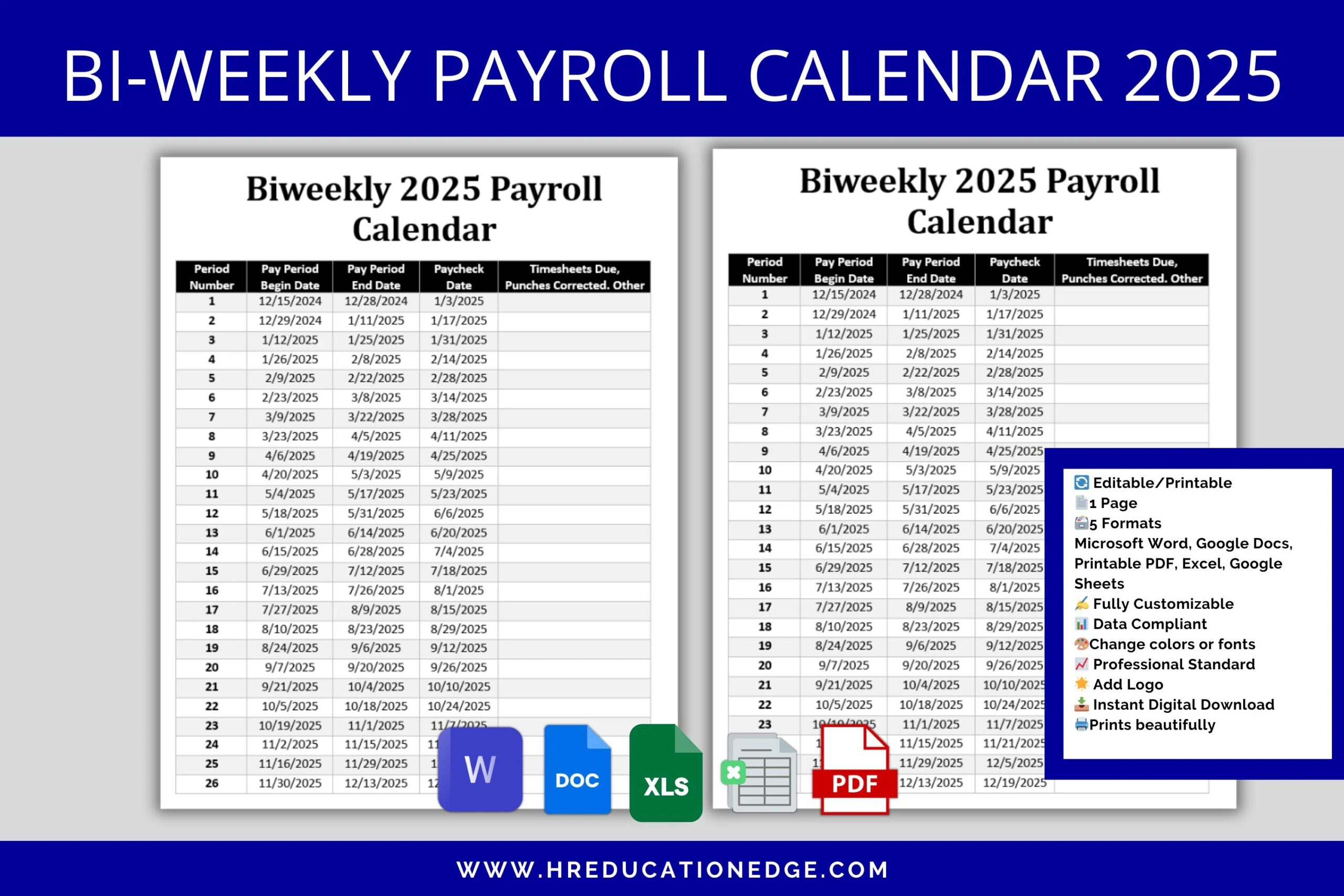 2025 Biweekly Payroll Calendar Editable Printable excel Word PDF Etsy