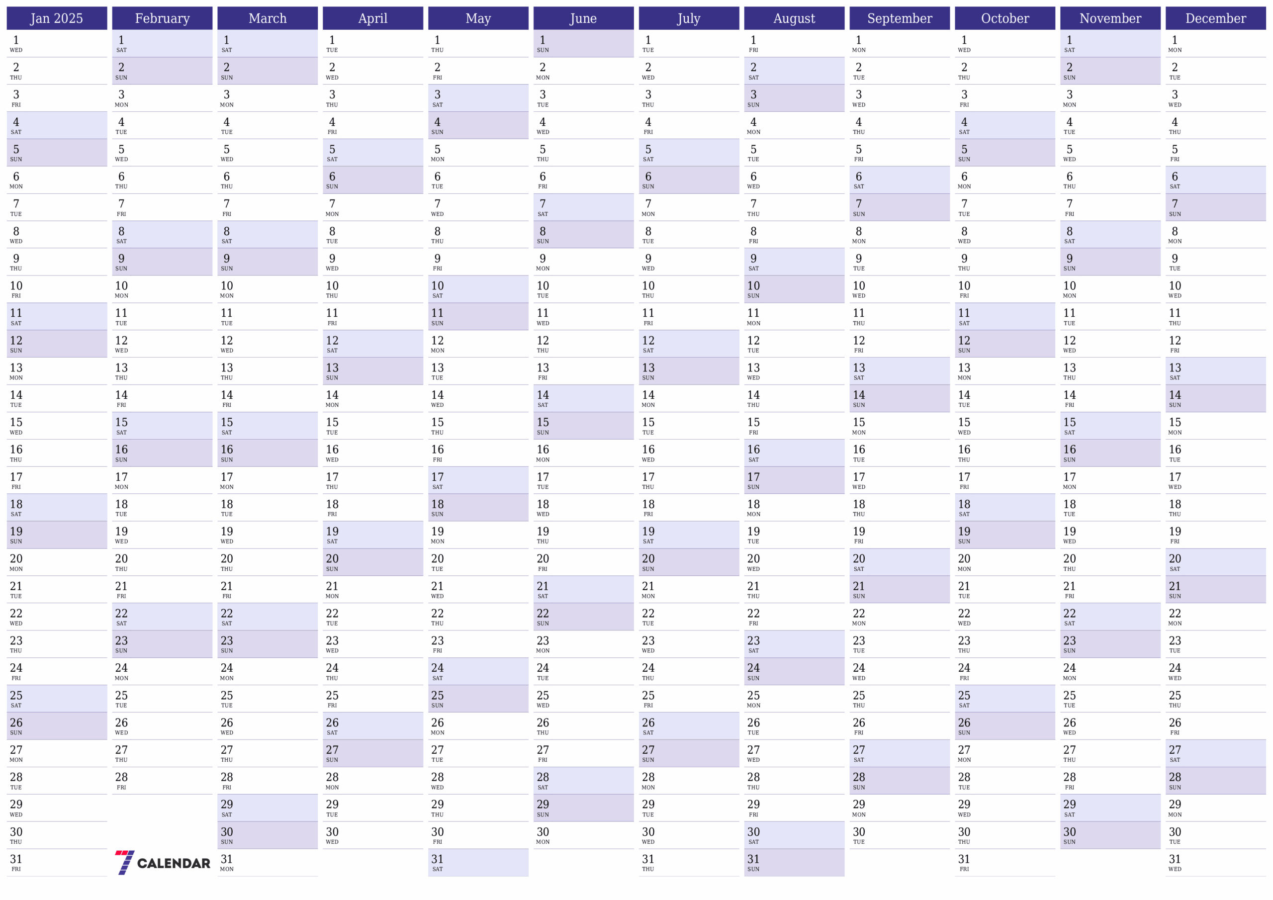 2025 Blank Yearly Calendar Template 7calendar