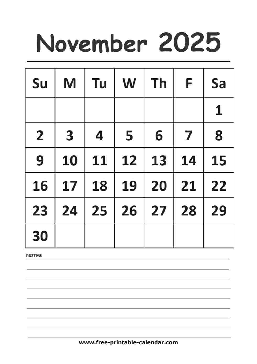 Month Of November 2025 Blank Calendar