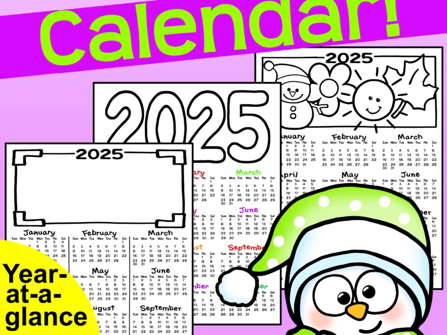 2025 Calendar Parent Christmas Gift Year At A Glance Fast One Single Page Last Minute Coloring 1P Made By Teachers
