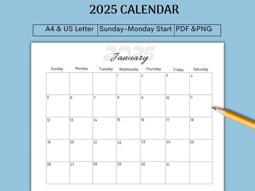 2025 Calendar Printable 2025 Calendar 2025 Calendar Template 2025 Planner Sunday Monday Start A4 US Letter PDF PNG Etsy