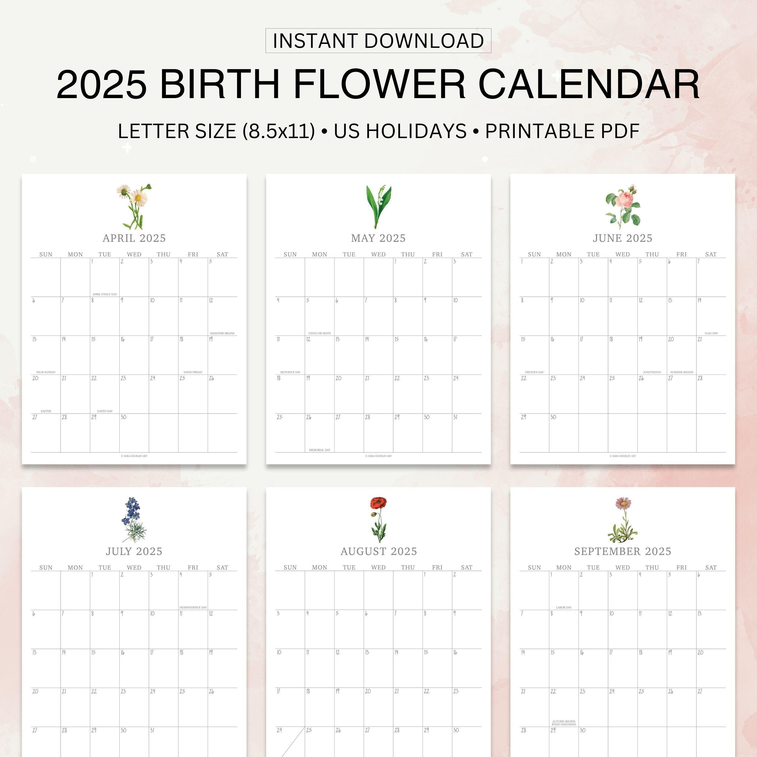 2025 Calendar Printable Birth Month Flowers Digital Download Wall Calendar Monthly Calendar Botanical Calendar Holidays Included Etsy