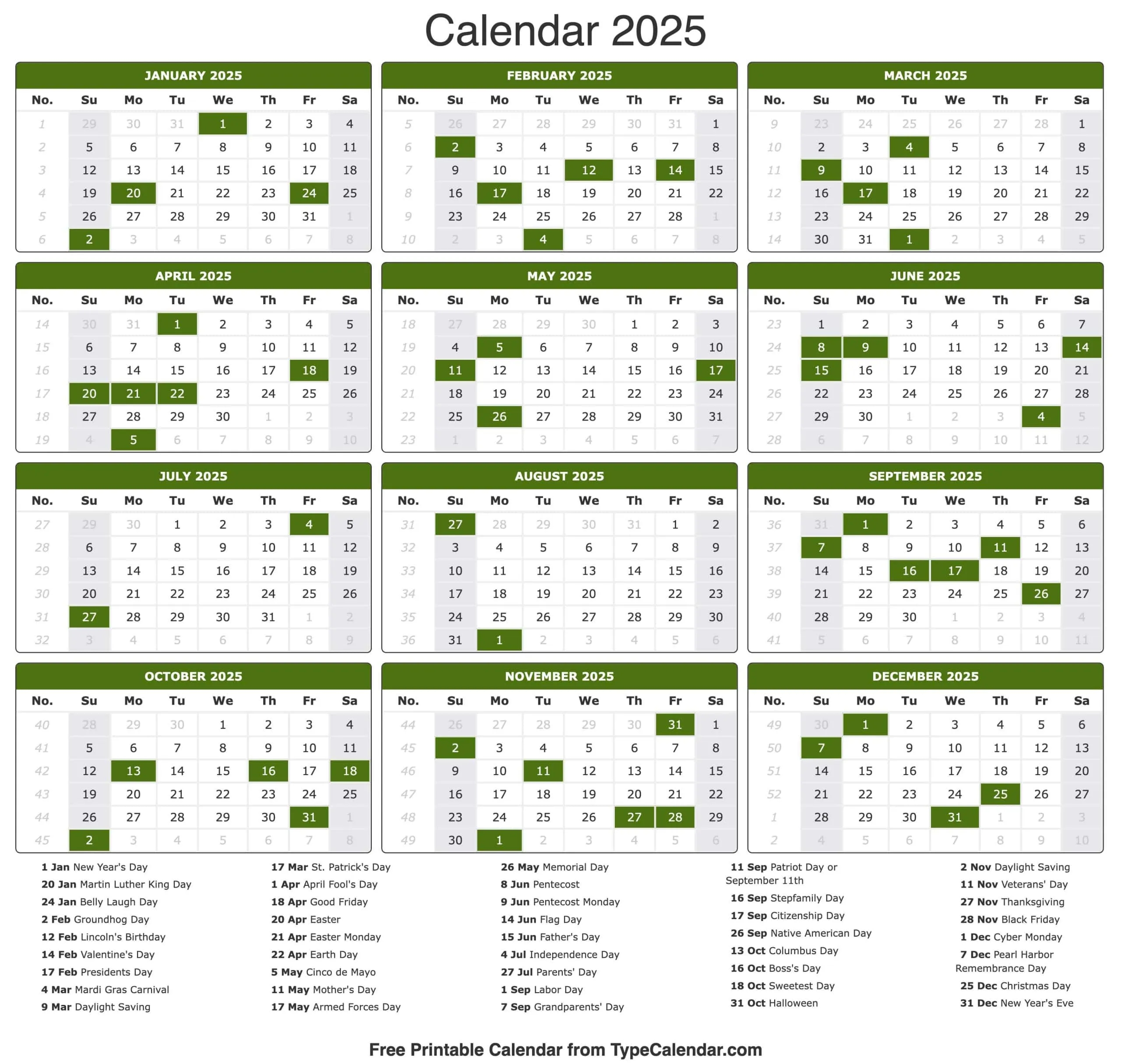 2025 Calendar Printable Calendar 2025 With Holidays