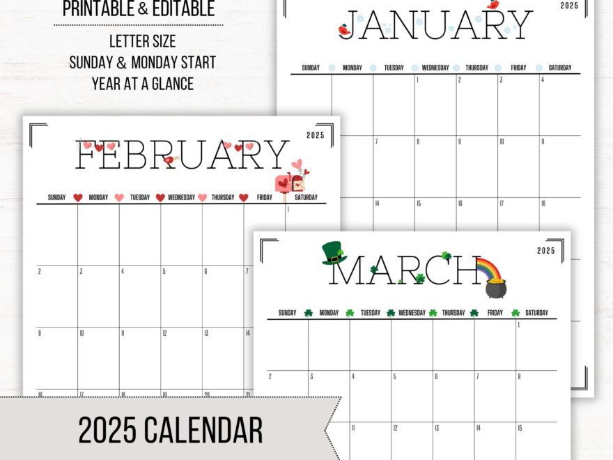 2025 Calendar Printable Editable Calendar Portrait Calendar 2025 Calendar Monthly Calendar Kids Calendar Digital Download Etsy