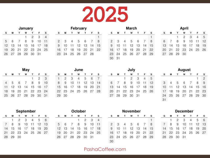 2025 Calendar Printable Free Horizontal Brown PashaCoffee