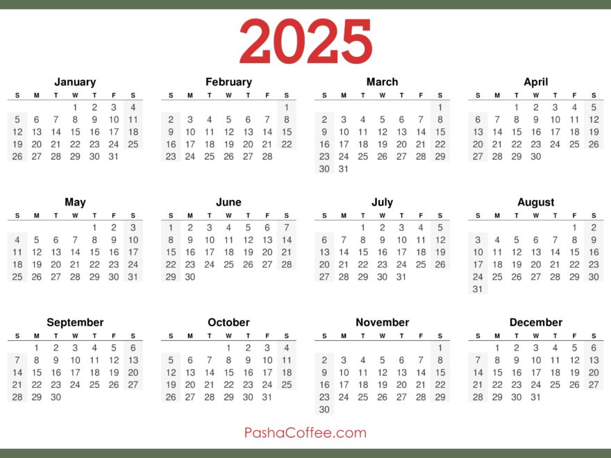 2025 Calendar Printable Free Horizontal Green PashaCoffee