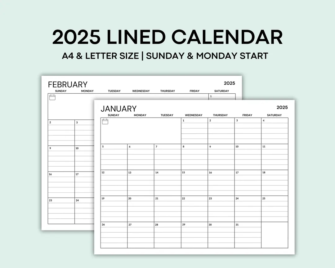 2025 Calendar Printable Lined Calendar 2025 Monthly Planner PDF Letter And A4 Size 2025 Minimalist Calendar Printable Monthly Schedule PDF Etsy