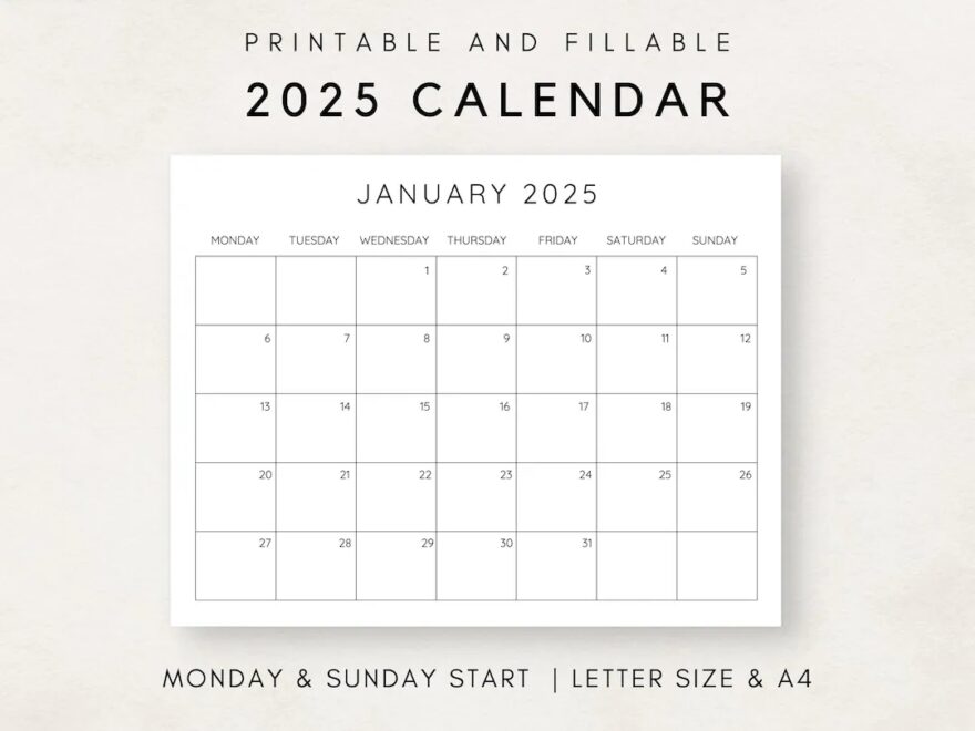 2025 Calendar Printable Monthly Calendar 2025 Fillable Calendar 2025 Planner Printable Minimalist Calendar Simple Clean Calendar Etsy