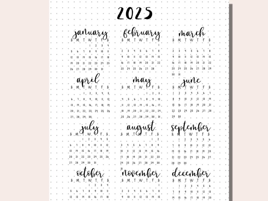 2025 Calendar Printable Planner 2025 Dotted Bullet Journal Page Monday Sunday Start A5 Journal Insert Minimalist PDF Download Etsy