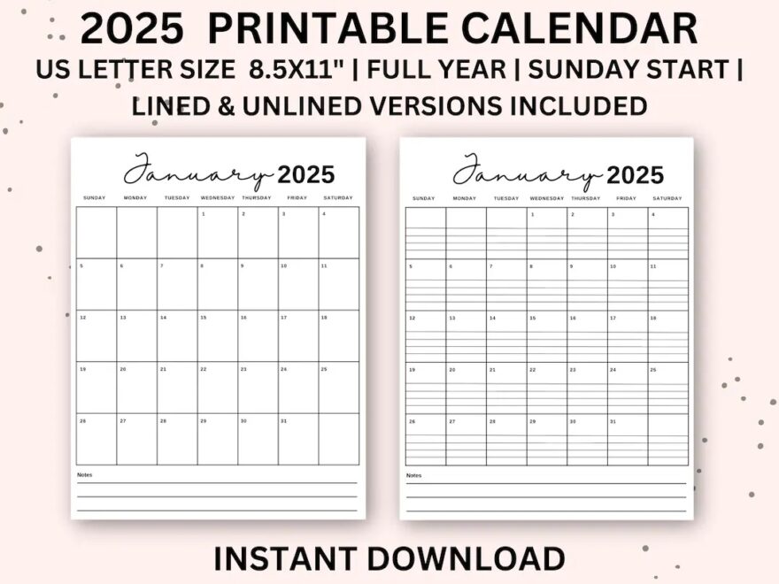 2025 Calendar Printable Portrait Monthly Calendar With Lines Monthly Calendar Vertical Lined Monthly Calendar Etsy