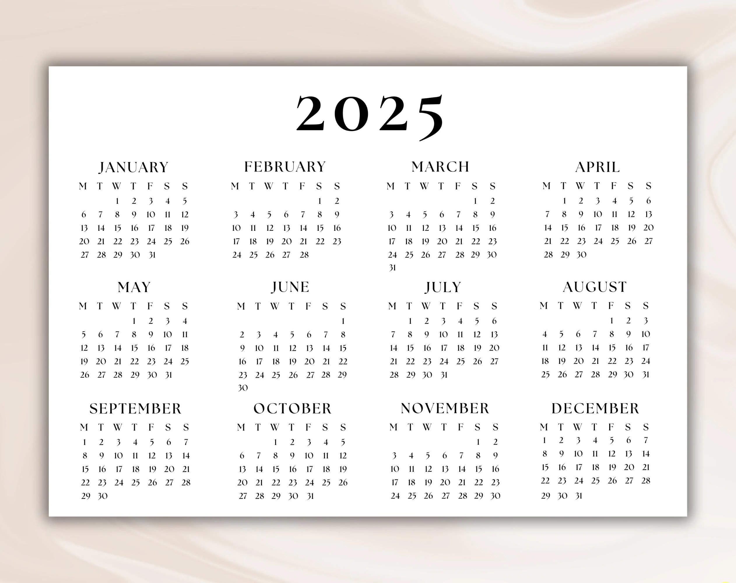 2025 Calendar Single Page Full Year Calendar Desk Calendar Wall Calendar Printable Calendar 2025 Planner Etsy