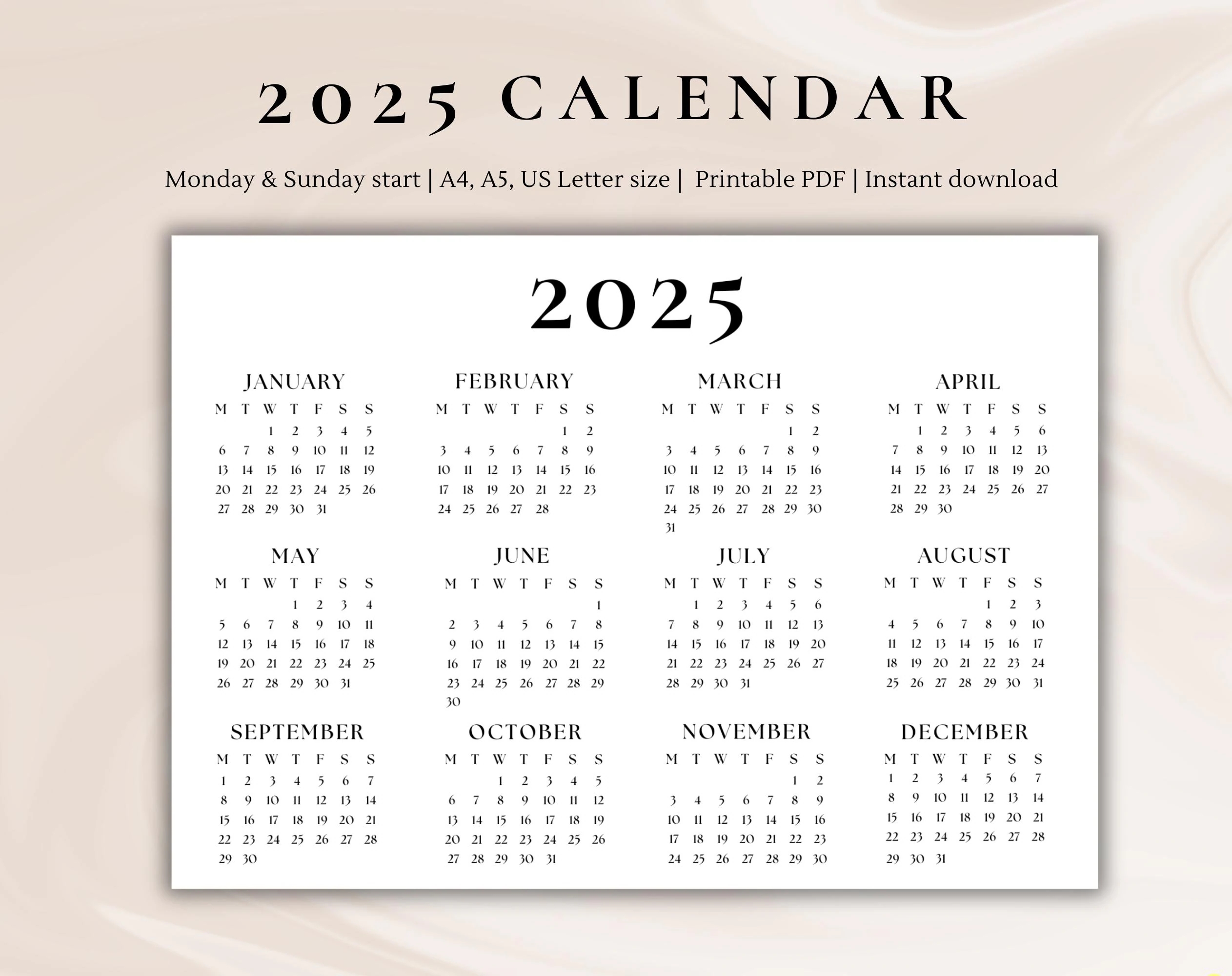 2025 Calendar Single Page Full Year Calendar Desk Calendar Wall Calendar Printable Calendar 2025 Planner Etsy