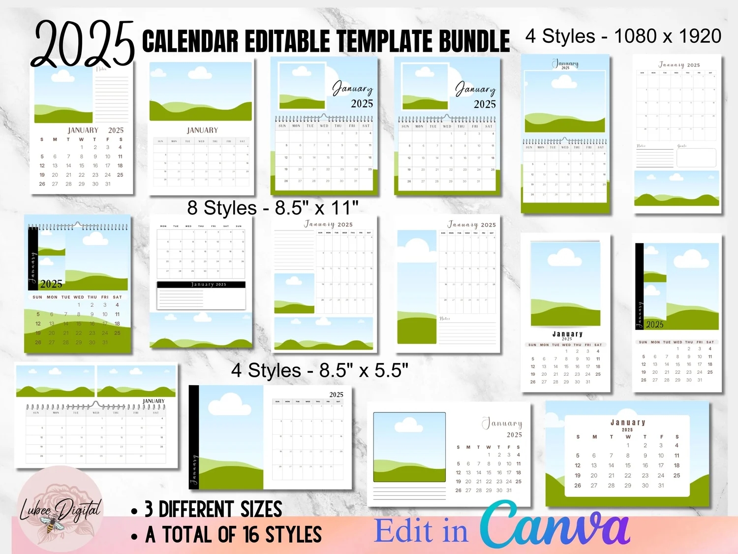 2025 Calendar Template Bundle Photo Yearly Calendar 2025 Wall Calendar Blank Calendar Editable Calendar Canva Editable Calendar DIY Calendar