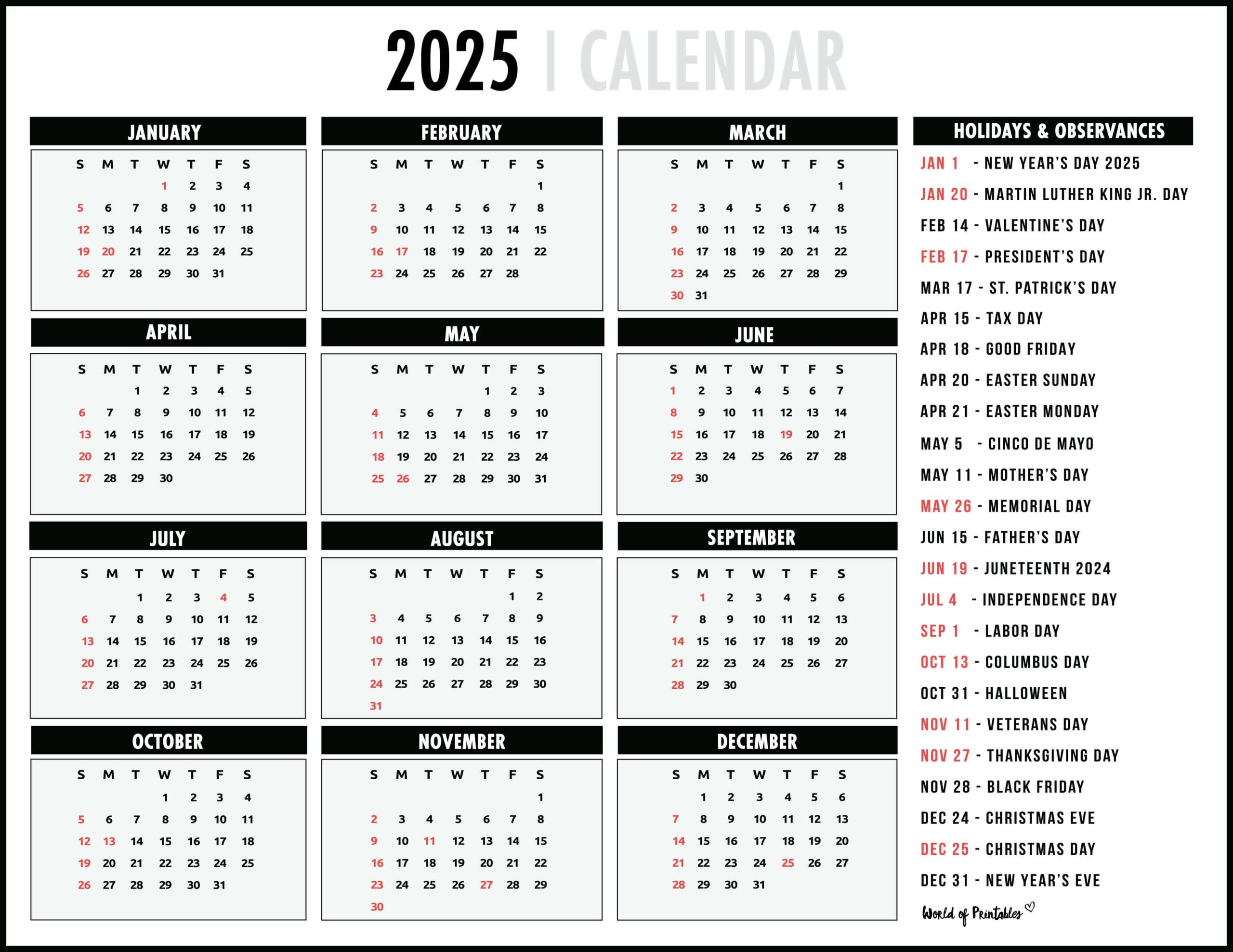 2025 Calendar With Holidays Free Printables In 28 Unique Styles World Of Printables