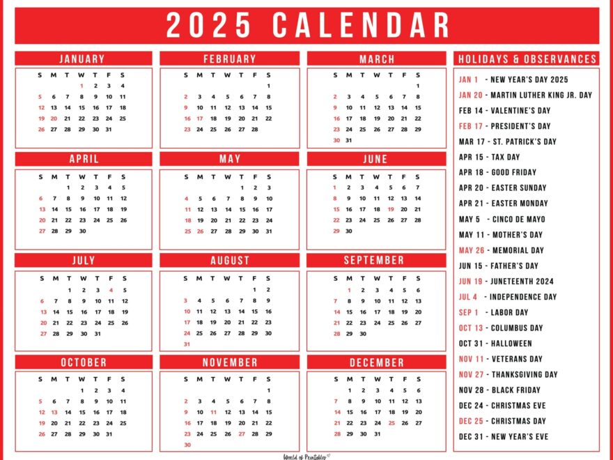 2025 Calendar With Holidays Free Printables In 28 Unique Styles World Of Printables