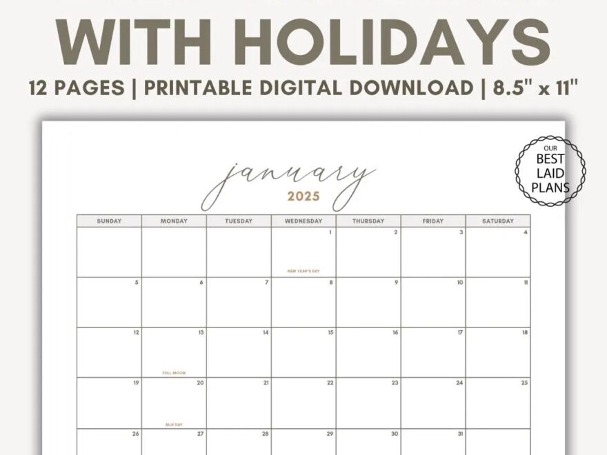 2025 Calendar With Holidays Printable 2025 Calendar With Holidays Printable Year 2025 Calendar With Holidays Printable Landscape PDF Etsy