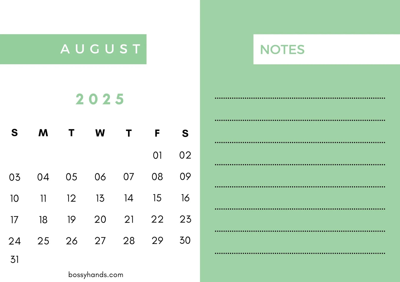 Blank Calendar 2025 With Notes