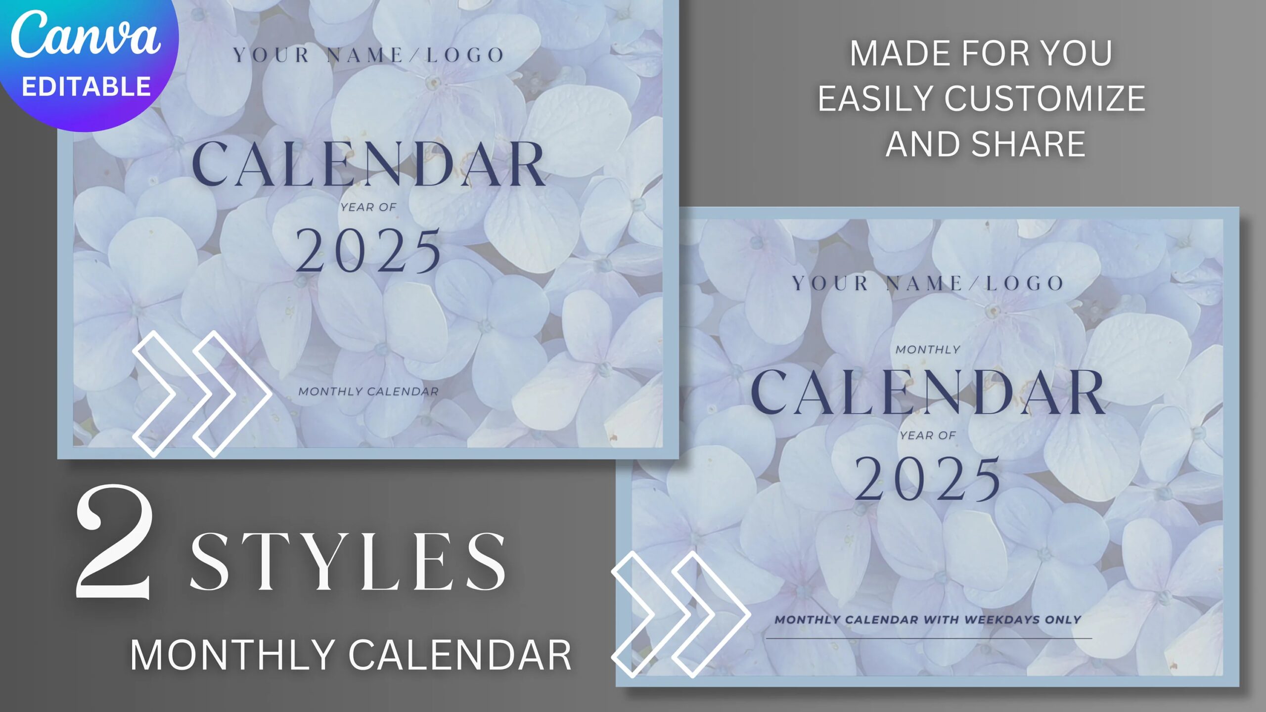 2025 Canva Editable Monthly Calendar 2 Types Of Monthly Calendars Professional And Simple Etsy