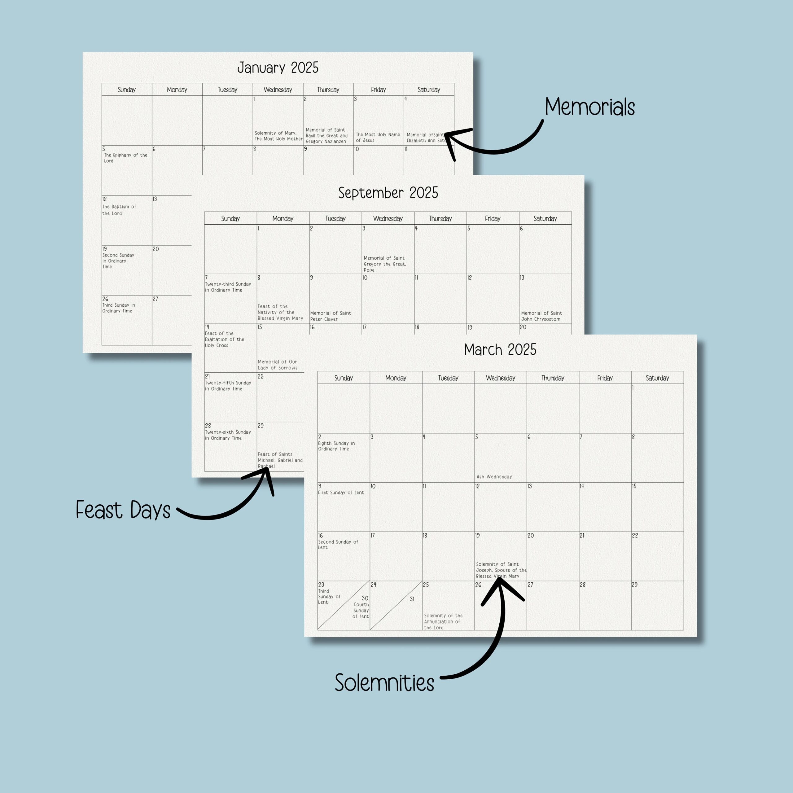 2025 Catholic Calendar Printable Catholic Calendar Feasts Memorials Solemnities 12 Month Calendar Liturgical Calendar Etsy