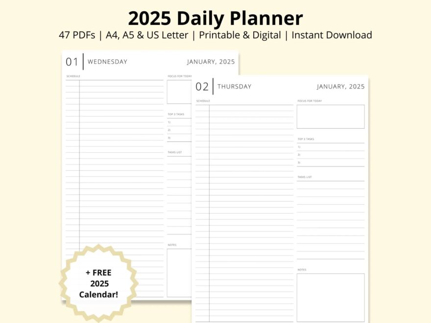 2025 Daily Planner 2025 Calendar Printable Blank Schedule Dated Yearly Planner Productivity Planner Digital 2025 Diary A4 a5 letter Etsy