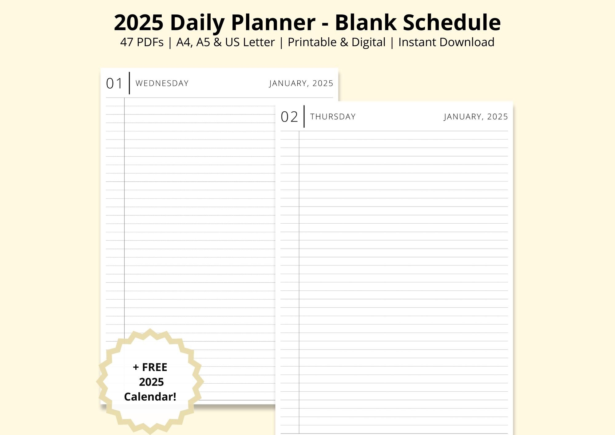2025 Daily Planner Blank 2025 Diary 2025 Calendar Dated Annual Planner Time Block Productivity Planner Printable digital A4 a5 letter Etsy