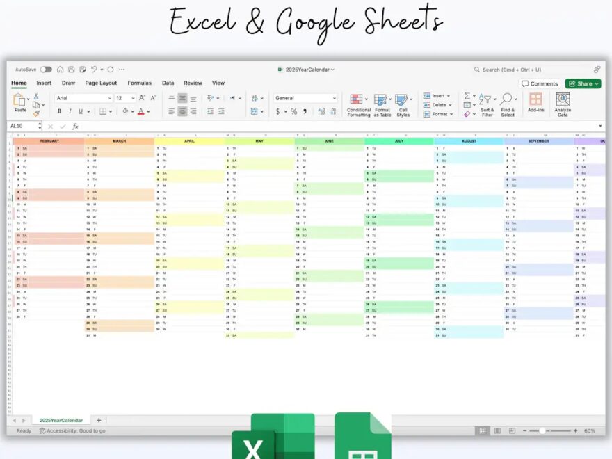 2025 Excel Calendar Google Sheets Monthly Calendar 2025 Year Planner 2025 Editable Excel And Google Sheets Template Rainbow Colors Etsy