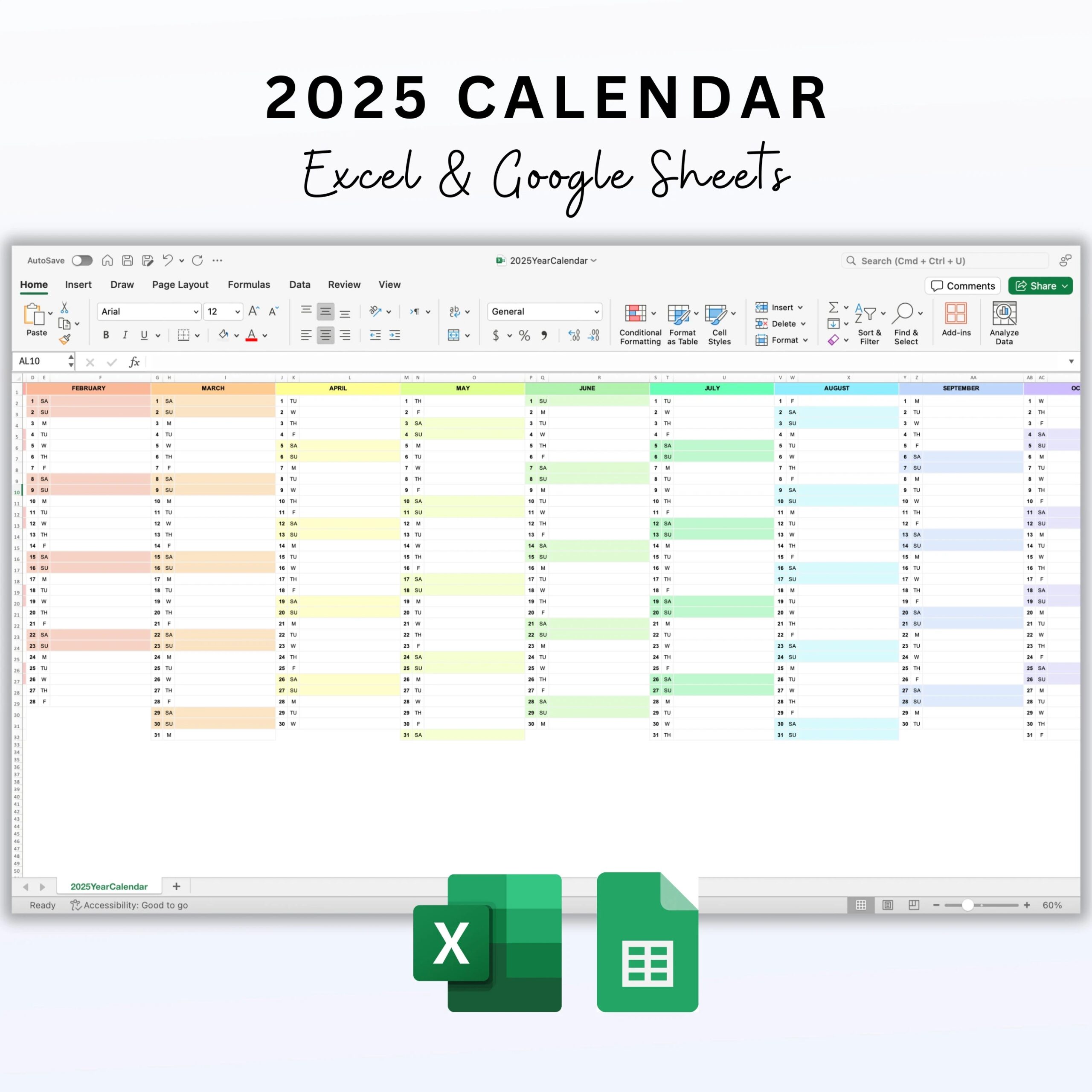 2025 Excel Calendar Google Sheets Monthly Calendar 2025 Year Planner 2025 Editable Excel And Google Sheets Template Rainbow Colors Etsy Canada