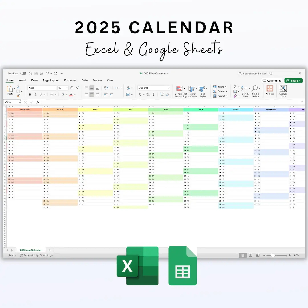 2025 Excel Calendar Google Sheets Monthly Calendar 2025 Year Planner 2025 Editable Excel And Google Sheets Template Rainbow Colors Etsy
