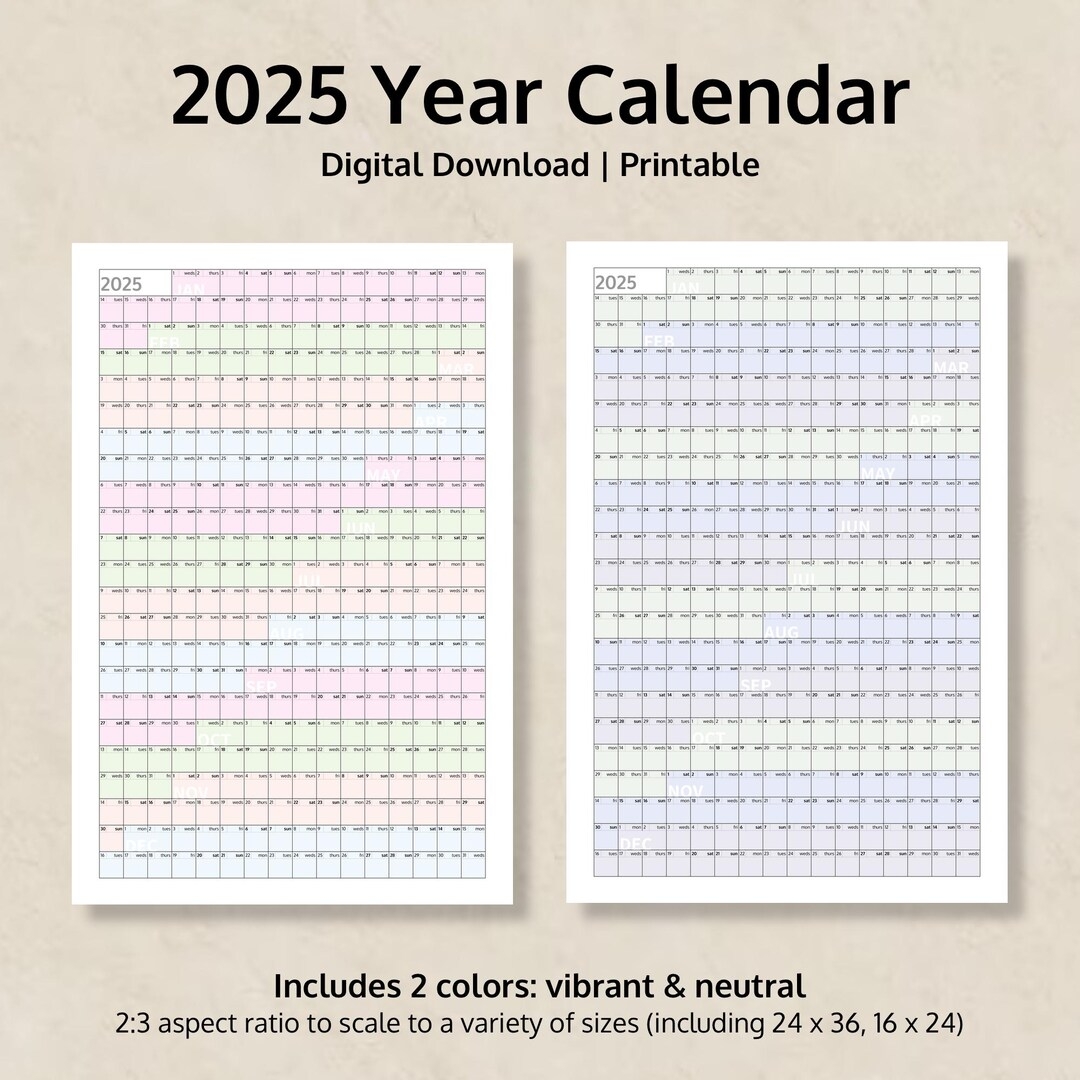 2025 Full Year Calendar Printable vertical Layout Color And Neutral Year At A Glance 2025 Calendar Yearly Calendar Digital Calendar Etsy