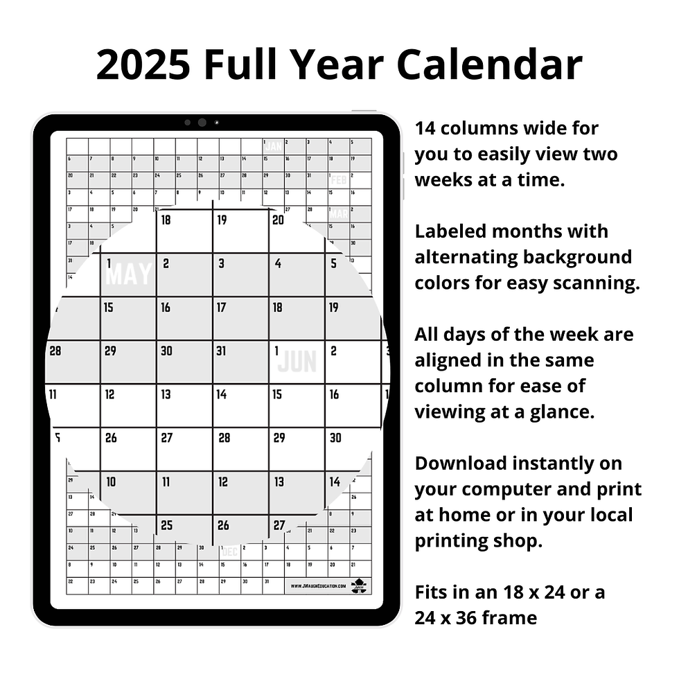 2025 Full Year Calendar Two Weeks At A Glance JWaugh Education