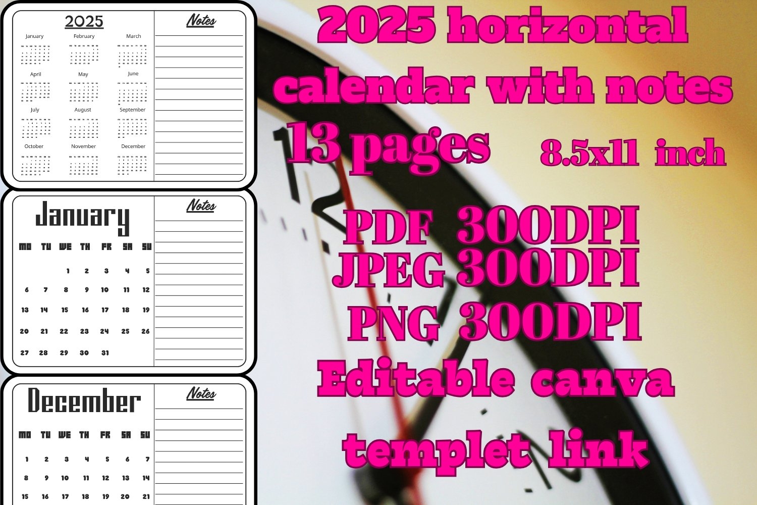 2025 Horizontal Calendar Template With Notes