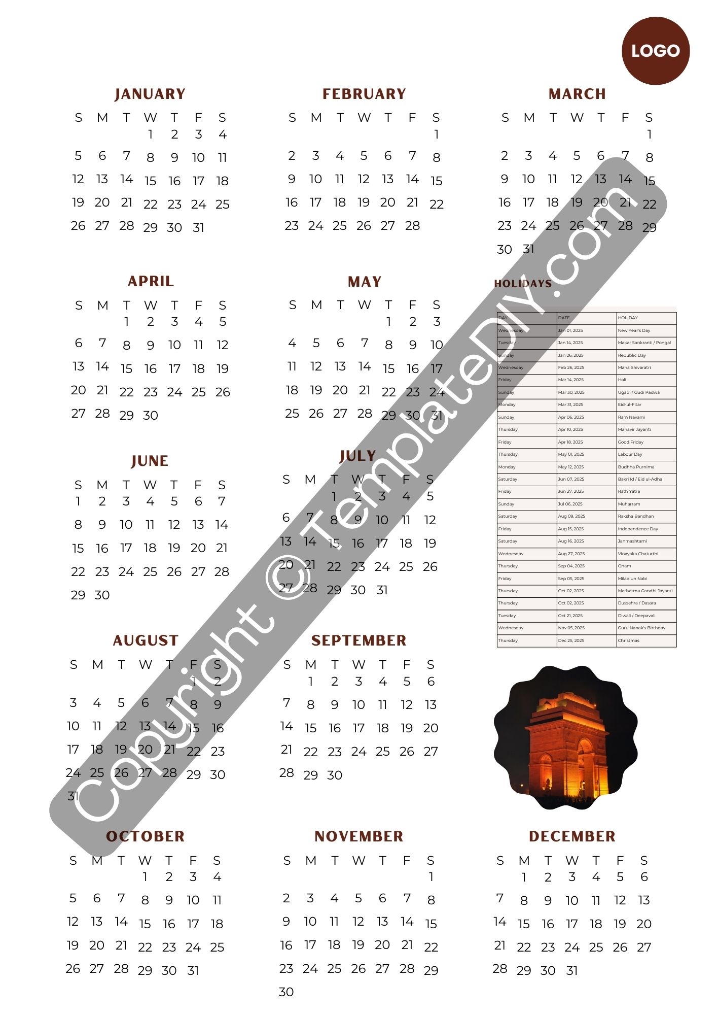 2025 India Holiday Calendar PDF Word Excel Download