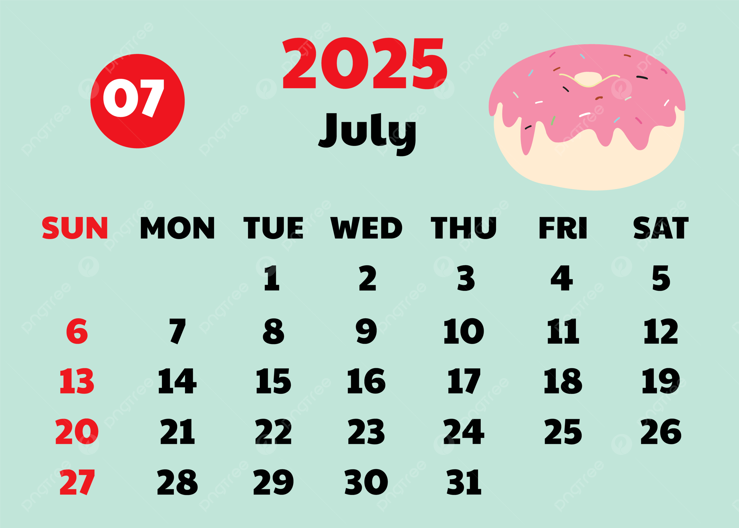 2025 July Calendar Cute Design Vector With Delicious Donut Background Template Download On Pngtree