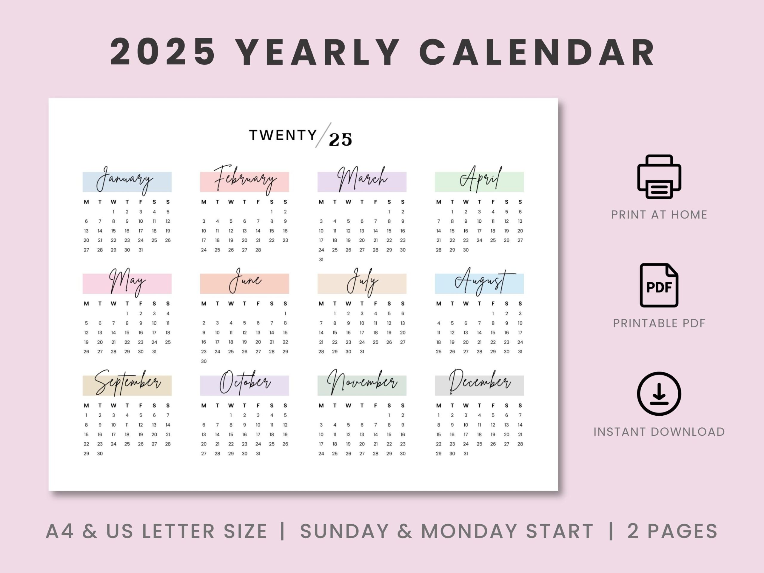 2025 Landscape Yearly Calendar Printable 2025 Calendar Sunday Monday Start Printable Calendar Year At A Glance A4 A5 Letter Size Etsy