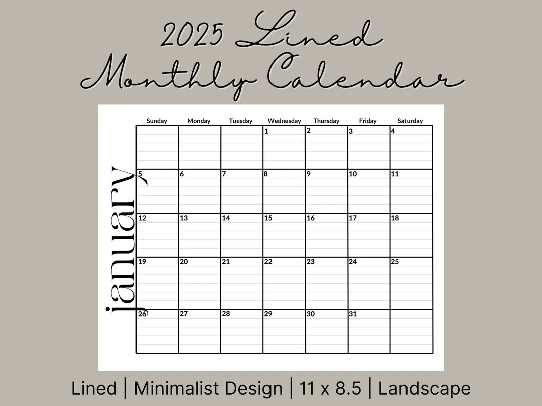 2025 Lined Monthly Calendar Printable Minimalist Teacher friendly Landscape PDF For Easy Planning Printable 2025 Monthly Calendar Etsy