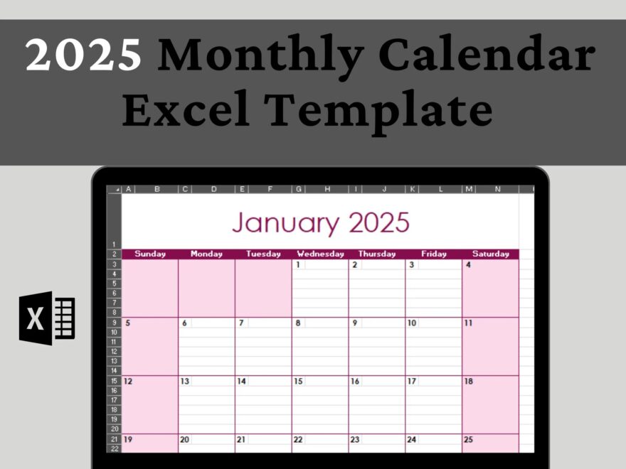 2025 Monthly Calendar Excel Template Editable Planner digital Download Etsy
