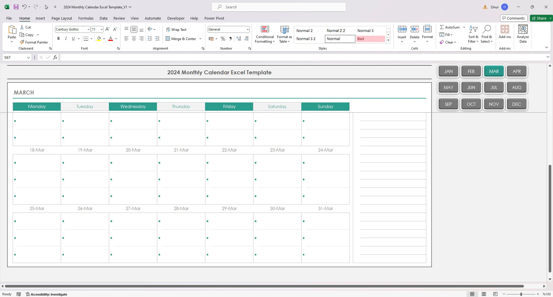 2025 Monthly Calendar Excel Template Goals Tasks printable Etsy