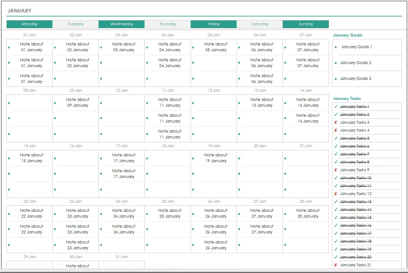 2025 Monthly Calendar Excel Template Goals Tasks printable Etsy