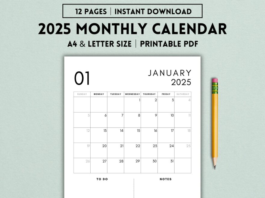 2025 Monthly Calendar Printable 2025 Planner 2025 Desk Calendar 2025 Wall Calendar Vertical Calendar Minimalist Instant Download Etsy