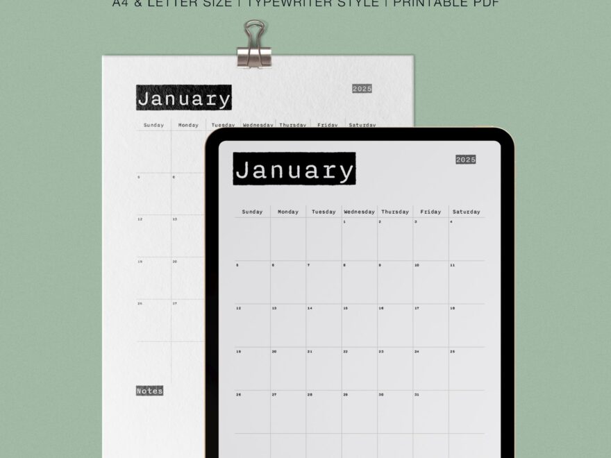 2025 Monthly Calendar Typewriter Digital Download