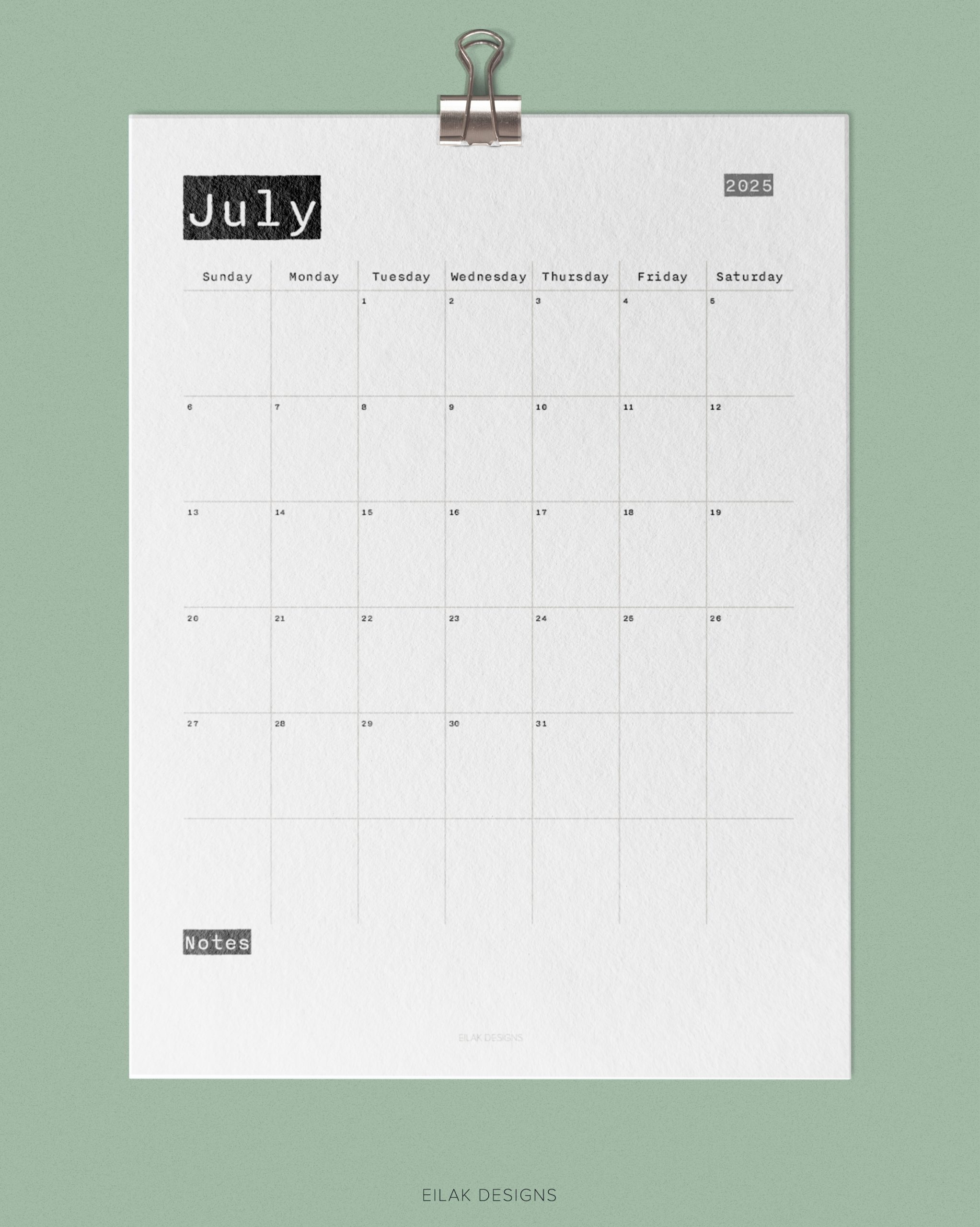 Blank Month Calendar 2025