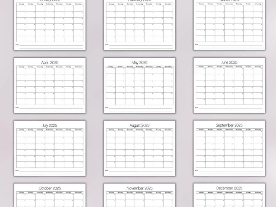 2025 Monthly Calendar With Notes Landscape Printable Calendar Template Minimalist Calendar Simple Calendar 12 Month Calendar 2025 Etsy