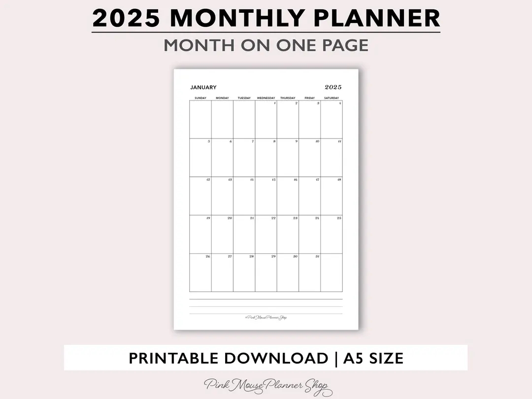 2025 Monthly Printable Planner Inserts Month On One Page Calendar Template Monthly Calendar With 1 Page Per Month For A5 Planners MO1P Etsy