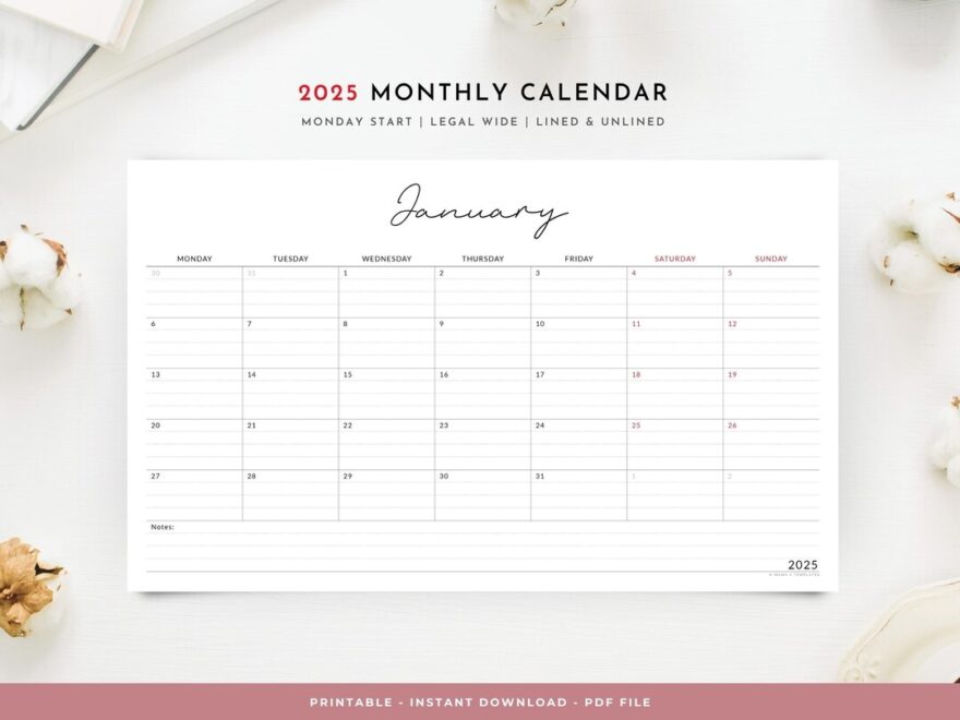 2025 Monthly Yearly Printable Wall Calendar Horizontal Legal Size 8 5 X 14 Monday Start Lined And Unlined Simple Minimalist Design Etsy